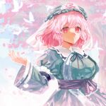  1girl absurdres black_ribbon blue_hat blue_kimono blue_sash bug butterfly cherry_blossoms commentary_request falling_petals hand_up hat highres japanese_clothes kimono long_sleeves looking_at_viewer mob_cap neck_ribbon obi parted_lips petals pink_eyes pink_hair pink_petals ribbon saigyouji_yuyuko sash short_hair siu_sousaku solo touhou tree triangular_headpiece upper_body 