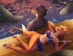 4_fingers 4_toes anthro barbell_piercing beach bikini bikini_skirt black_nose blue_bikini_bottom blue_bikini_top blue_miniskirt canid canine canis canon_couple chair clothing cream_belly diane_foxington dreamworks duo eyebrow_piercing facial_piercing facing_away_from_viewer feet female fingers floor footwear fox fur furniture green_eyes grey_body grey_fur high_heels looking_at_viewer lying lying_on_ground male male/female mammal mr._wolf_(the_bad_guys) navel north_american_gray_wolf nosugarnohoney on_ground orange_body orange_fur partially_submerged piercing pink_nose red_fox shoes sitting_in_water smile sunset swimwear tail the_bad_guys toes true_fox two-piece_swimsuit warm_colors water white_clothing white_footwear white_shoes wide_hips wolf wood wood_floor yellow_eyes yellow_sclera