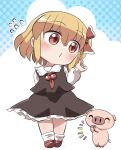  1girl ascot black_skirt black_vest blonde_hair blue_background blush chibi chibi_only collared_shirt commentary_request flying_sweatdrops frilled_skirt frills full_body hair_between_eyes hair_ribbon halftone halftone_background highres long_sleeves o3o pig red_ascot red_eyes red_ribbon red_shoes ribbon rokugou_daisuke rumia shirt shoes short_hair signature skirt skirt_set socks solo standing touhou vest white_shirt white_socks 