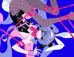  1girl animal_ears black_leotard black_pantyhose blue_background blue_hair bow bowtie commentary danciingcosmos fake_animal_ears fake_tail fishnet_pantyhose fishnets from_side hair_ornament hairband hatsune_miku heart leotard long_hair looking_at_viewer necktie pantyhose playboy_bunny rabbit_ears rabbit_hair_ornament rabbit_hole_(vocaloid) rabbit_tail red_bow red_bowtie red_necktie red_ribbon ribbon short_necktie smile solo tail twintails upside-down vocaloid white_hairband x_hair_ornament 