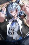  1girl abuse bird_ornament black_bow black_bowtie black_capelet blood blood_from_mouth blood_in_hair blood_on_clothes blood_on_face blood_on_hand blue_hair blue_necktie blue_skirt bound bow bowtie braid braided_hair_rings bruise bruise_on_face capelet collared_shirt commentary_request disembodied_hand grey_vest hair_bow hair_rings highres holding_another's_arm injury long_sleeves looking_at_viewer mahou_shoujo_no_majo_saiban necktie partial_commentary plaid_clothes plaid_skirt ryona shirt short_hair skirt solo sugararu tachibana_sherry vest white_shirt yellow_eyes 