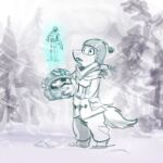 1:1 2026 4_fingers ambiguous_gender anthro armor beanie boots bottomwear cheek_tuft chupadore clothing digital_creature digital_media_(artwork) duo facial_tuft fingers fluffy fluffy_tail footwear forest halo_(series) hat headgear headwear helmet hi_res holding_armor holding_headgear holding_helmet holding_object hologram humanoid knit_hat male mammal microsoft monochrome outside pants plant raemyshu rvb_revolution scarf shoes snow snowing spartan_armor_(halo) surprised tail tree tuft wide_eyed winter_cap winter_clothing winter_coat xbox_game_studios