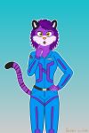 anthro belt black_body black_fur black_stripes blue_clothing clothing crystal_the_tiger felid female fur hair hi_res jumpsuit mammal markings name_tag pantherine purple_body purple_clothing purple_fur purple_hair scoutthecat02 solo striped_markings striped_tail stripes tail tail_markings tiger white_body white_fur yellow_eyes