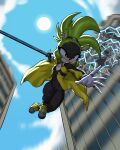4:5 absurd_res afrosoricid anthro artificial_wings black_outfit blue_eyes building clothing day diacordst ear_piercing electricity electricity_manipulation elemental_manipulation fake_wings female fur green_body green_fur grin hi_res idw_publishing jacket jumpsuit magnetism mammal melee_weapon outside piercing ring_(jewelry) scrap sega sharp_teeth skyscraper smile solo sonic_the_hedgehog_(comics) sonic_the_hedgehog_(idw) sonic_the_hedgehog_(series) surge_the_tenrec sword teeth tenrec topwear weapon yellow_outfit