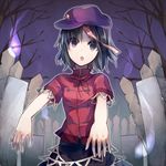  :o bare_tree black_skirt cowboy_shot graveyard hat head_tilt jiangshi looking_at_viewer miyako_yoshika ofuda open_mouth outstretched_arms purple_hat short_hair short_sleeves skirt solo star tare_(tonikaku_magaru) tombstone touhou tree zombie zombie_pose 