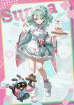  1girl alternate_costume bandaid bandaid_on_leg bangboo_(zenless_zone_zero) bow cake cake_slice commentary_request earrings food fruit_earrings full_body hair_bow hair_ornament hairclip hands_up highres holding holding_spoon jewelry leg_warmers long_hair long_sleeves looking_at_viewer open_mouth ruiuncle shoes single_earring single_hair_intake spoon standing sunna_(zenless_zone_zero) tray white_leg_warmers white_shoes wide_sleeves zenless_zone_zero 