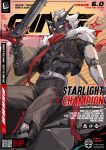  1boy belt billy_kid billy_kid_(starlight) black_pants chain commentary copyright_name cover cover_page english_commentary english_text fake_cover fake_magazine_cover fur_trim gloves gun highres holding holding_gun holding_weapon humanoid_robot logo looking_at_viewer magazine_cover male_focus pants qr_code red_scarf robot robot_boy scarf shoucchi96 solo spikes torn_clothes torn_scarf weapon white_hair zenless_zone_zero 