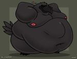 2024 3_toes anthro avian avian_feet balloonedbird beak belly big_belly bird black_beak black_body black_talons copyright_symbol corvid corvus_(genus) crow feathers feet grey_background head_tuft heart_symbol hi_res huge_belly hyper hyper_belly looking_at_viewer male moobs morbidly_obese morbidly_obese_anthro morbidly_obese_male nipples non-mammal_nipples obese obese_anthro obese_male orange_eyes oscine overweight overweight_anthro overweight_male passerine pink_nipples shaded simple_background solo standing stretch_marks symbol tail tail_feathers toes tuba_(balloonedbird) tuft