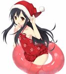  bare_shoulders black_hair blush brown_eyes casual_one-piece_swimsuit chestnut_mouth covered_navel dungeons_&amp;_princess floral_print frilled_swimsuit frills hat innertube long_hair one-piece_swimsuit open_mouth print_swimsuit red_swimsuit santa_hat solo standing swimsuit torimaru 