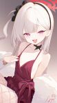  1girl :d absurdres black_choker black_hairband blue_archive bow bow_choker breasts choker cocktail_dress collarbone dress earrings english_commentary fang fishnet_pantyhose fishnets fur_shawl gold_bangle hairband halo highres jewelry light_blush long_hair looking_at_viewer mutsuki_(blue_archive) mutsuki_(dress)_(blue_archive) nyarnya official_alternate_costume one_side_up pantyhose pearl_earrings pointy_ears purple_eyes red_dress red_halo shawl skin_fang sleeveless sleeveless_dress small_breasts smile white_fur 