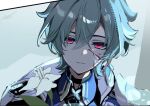  1boy ahoge armor belt belt_collar black_belt blood blood_on_face blue_shirt c_ixxp cecilia_flower_(genshin_impact) choker coat collar collared_shirt earrings flower genshin_impact green_hair hair_between_eyes hair_intakes jewelry lohen_(genshin_impact) looking_at_viewer male_focus mole mole_under_eye multicolored_eyes parted_lips shirt short_hair shoulder_armor single_earring solo upper_body 