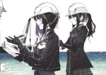  1other 2girls black_hair clipboard commentary_request dress from_side hard_hat helmet holding holding_clipboard holding_pen housho_margo kurobe_nanoka long_hair long_sleeves mahou_shoujo_no_majo_saiban multiple_girls ocean out_of_frame outdoors parted_bangs parted_lips partially_colored pen ponytail profile purple_eyes shitsugaikotsu short_hair smile 