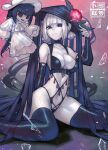  1girl absurdres artist-provided_artwork black_eyes black_hat black_panties black_thighhighs blunt_bangs breasts chaldea_logo character_doll colored_skin detached_sleeves doll fate/grand_order fate_(series) flower frown full_body glass_shards hand_up hat hat_flower highleg highleg_panties highres kneeling komahime_(exhibition_attire)_(fate) komahime_(fate) looking_at_viewer navel non-web_source panties radishkek revealing_clothes sen_no_rikyu_(exhibition_attire)_(fate) sen_no_rikyu_(fate) short_hair short_twintails sidelocks thighhighs thighs toeless_legwear twintails underwear white_hair white_nails white_skin 