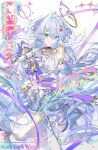  1girl absurdres alternate_costume bare_shoulders chinese_commentary closed_mouth commentary_request detached_sleeves floating_hair hair_between_eyes hair_ornament halo hand_up head_wings highres holding holding_microphone honkai:_star_rail honkai_(series) long_hair long_sleeves looking_at_viewer microphone robin_(honkai:_star_rail) shoes skirt smile solo standing standing_on_one_leg thighhighs very_long_hair white_shoes white_thighhighs wings ying_zhang29708 