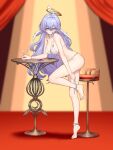  1girl absurdres against_table anklet arm_on_table arm_support bar_stool barefoot bikini blurry blurry_background bracelet breasts chair champagne_coupe chinese_commentary closed_mouth collar commentary_request cup double-parted_bangs drink drinking_glass foot_up_heel_up from_side full_body hair_between_eyes halo head_wings highres holding holding_cup honkai:_star_rail honkai_(series) jewel_under_eye jewelry lace_collar large_breasts large_variant_set leg_up long_hair looking_at_viewer looking_to_the_side nail_polish parted_hair pearl_anklet pearl_bracelet pendant_collar purple_hair purple_nails robin_(honkai:_star_rail) shadow smile solo stage standing standing_on_one_leg stool string_bikini swimsuit toenail_polish toenails turning_head twisted_torso variant_set white_bikini white_collar wings yunkaiming 