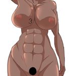  1girl abs arm_up arrancar bleach breasts dark_skin espada head_out_of_frame hips hollow_hole huge_breasts inverted_nipples mound_of_venus muscle nipples nude solo tattoo tieck tier_harribel wide_hips 