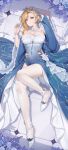  1girl absurdres armpits azur_lane blonde_hair blue_dress blue_eyes breasts chinese_commentary cleavage closed_mouth clothing_cutout collarbone commentary_request covered_navel dress flower full_body garter_straps gradient_clothes gradient_dress highres hip_vent hood_(azur_lane) hood_(elegance_meant_for_one)_(azur_lane) jewelry large_breasts looking_at_viewer official_alternate_costume official_alternate_hairstyle ring shoes smile solo thighhighs vector_(xujn5742) white_shoes white_thighhighs 