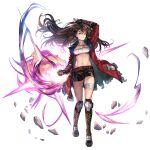 1girl amy_(another_eden) another_eden another_eden_art_team arm_guards arm_up bandaged_leg bandages belt black_boots black_gloves black_shorts boots breasts brown_hair cleavage clenched_hand closed_mouth collarbone fingerless_gloves full_body gloves glowing hair_between_eyes hair_ribbon highres jacket jewelry knee_guards large_breasts long_hair looking_at_viewer navel necklace official_art one_side_up open_clothes open_jacket red_jacket ribbon shorts simple_background solo standing strapless tachi-e third-party_source transparent_background tube_top yellow_eyes 