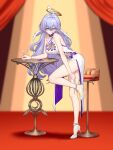  1girl absurdres adjusting_anklet against_table alternate_costume anklet arm_on_table arm_support bar_stool bare_shoulders blurry blurry_background bracelet breasts chair champagne_coupe china_dress chinese_clothes chinese_commentary cleavage closed_mouth commentary_request credit_card cup double-parted_bangs dress drink drinking_glass earrings foot_up_heel_up from_side full_body green_eyes hair_between_eyes halo head_wings high_heels highres holding holding_cup honkai:_star_rail honkai_(series) jewel_under_eye jewelry large_breasts large_variant_set leg_up long_hair looking_at_viewer looking_to_the_side nail_polish parted_hair pearl_anklet pearl_bracelet pearl_earrings pelvic_curtain purple_hair purple_nails robin_(honkai:_star_rail) see-through_cleavage see-through_clothes see-through_dress shadow shoes side_slit single_earring sleeveless sleeveless_dress smile solo stage standing standing_on_one_leg stool toenail_polish toenails turning_head twisted_torso variant_set white_dress white_shoes wings yunkaiming 