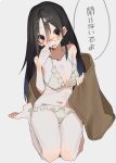  1girl adjusting_eyewear bikini black_hair blanket blush collarbone full_body glasses hair_between_eyes highres komori_kiri long_hair long_hair_between_eyes looking_at_viewer nddk_aaa red_hair sayonara_zetsubou_sensei smile solo swimsuit under_covers white_background white_bikini 