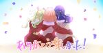  3girls 6th_live_dream_~bloom_garden_party~ arm_around_another's_back blonde_hair blue_hair blue_petals blue_ribbon brown_dress cardigan commentary_request dress falling_petals from_behind frontrivers_kae grey_cardigan hair_ornament hair_ribbon half_updo hasu_no_sanrenka hasu_no_sora_school_uniform highres hinoshita_kaho long_hair long_sleeves love_live! love_live!_hasu_no_sora_jogakuin_school_idol_club medium_hair multiple_girls murano_sayaka neckerchief orange_hair osawa_rurino petals pink_petals red_neckerchief red_ribbon ribbon sailor_collar sailor_dress school_uniform star_(symbol) star_hair_ornament translation_request twintails two_side_up virtual_youtuber white_background white_sailor_collar winter_uniform yellow_petals 