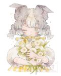  1girl ;( animal_ears blush_stickers bouquet bow braid buttons closed_mouth commentary_request cropped_torso dog_ears flower frown green_eyes grey_hair high_collar highres holding holding_bouquet multicolored_hair mura_(yoshishi_ff) one_eye_closed original painting_(medium) plaid_bow plaid_clothes plaid_skirt puffy_sleeves shirt simple_background skirt solo sparkle tareme three-quarter_sleeves traditional_media twin_braids two-tone_hair watercolor_(medium) watermark white_background white_flower white_hair white_shirt yellow_bow yellow_skirt 