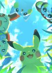  berry_(pokemon) bright_pupils brown_eyes chosuidoo cloud commentary_request eating emolga from_below grass happy highres looking_down making-of_available minun no_humans open_mouth oran_berry outdoors pachirisu pikachu plusle pokemon pokemon_(creature) sky smile twitter_username white_pupils 