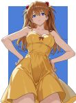  1girl argenisdraws blue_background blue_eyes bow breasts brown_hair commentary cowboy_shot dress english_commentary from_below hairpods hands_on_own_hips highres light_blush looking_at_viewer medium_breasts medium_hair neon_genesis_evangelion orange_hair parted_lips red_bow sleeveless sleeveless_dress solo souryuu_asuka_langley standing white_background yellow_dress 