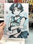  1girl art_tools_in_frame artist's_hand_in_frame bishoujo_senshi_sailor_moon blue_choker blue_eyes blue_hair blue_outline blue_sailor_collar blue_sky choker closed_mouth commentary english_commentary highres looking_at_viewer marker_(medium) mizuno_ami outline photo_(medium) sailor_collar sailor_mercury sailor_senshi_uniform short_hair signature sky smile solo stanley_lau tiara traditional_media upper_body 