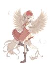  1girl absurdres animal_on_head baby_animal bird blonde_hair blush boots brown_boots chick chicken_wing commentary_request dress highres multicolored_hair niwatari_kutaka on_head orange_dress orange_eyes red_hair shirt solo touhou user_zsed8443 white_background white_shirt wily_beast_and_weakest_creature wings yellow_tail yellow_wings 
