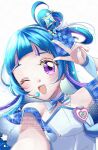  1girl absurdres aokaze_nana bare_shoulders blue_hair blue_theme blush breasts collarbone commentary_request cure_wink dress fingernails headphones highres hime_cut idol idol_clothes idol_heart_brooch_(precure) idol_heart_incom kimi_to_idol_precure long_hair looking_at_viewer multicolored_hair one_eye_closed open_mouth plaid_clothes plaid_ribbon plaid_sleeves precure purple_eyes purple_hair ribbon short_sleeves small_breasts smile solo strapless strapless_dress upper_body v very_long_hair watermark yumomonono 