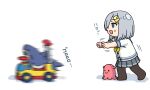 1girl black_pantyhose blue_eyes commentary_request full_body grey_hair grey_sailor_collar grey_skirt hair_ornament hair_over_one_eye hairclip hama!_(3toshinhmkz) hamakaze_(kancolle) kantai_collection motion_blur neckerchief no_nose pantyhose pleated_skirt pushing sailor_collar school_uniform serafuku short_hair simple_background skirt smile solo stuffed_animal stuffed_octopus stuffed_shark stuffed_toy toy_car white_background yellow_neckerchief 