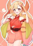  1girl absurdres animal_ears blush brown_eyes cho_kaguya-hime! clothing_cutout commentary_request crescent crescent_hair_ornament eine_works extra_ears floppy_ears hair_ornament highres kaguya_(cho_kaguya-hime!) kaguya_(tsukuyomi)_(cho_kaguya-hime!) open_mouth outline pointing pointing_at_self rabbit_ears rabbit_girl red_eyes shoulder_cutout solo white_outline 
