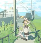  2girls apron ascot black_hat black_skirt black_vest blonde_hair blue_skirt blue_sky blue_vest bow braid brown_shoes building chinese_commentary closed_eyes closed_mouth cloud collared_shirt commentary_request contemporary daiyousei day frilled_shirt_collar frills grass green_hair hair_bow hand_on_another's_shoulder hat hat_bow highres kirisame_marisa loafers long_hair long_sleeves looking_at_viewer missing_wings multiple_girls one_side_up outdoors puffy_short_sleeves puffy_sleeves shi_yu_mu_xi shirt shoes short_sleeves side_braid single_braid skirt sky smile socks squatting stairs touhou utility_pole vest waist_apron white_apron white_bow white_shirt white_socks witch_hat yellow_ascot yellow_bow yellow_eyes 