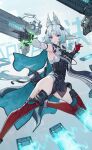  1girl absurdres animal_ears aqua_hair arcane_(arknights) arknights arknights:_endfield armpits artist_name asymmetrical_gloves bare_legs belt_pouch bird_ears bird_girl black_gloves breasts cape character_name chinese_commentary commentary_request curtained_hair elbow_gloves electricity energy energy_gun facial_mark finger_gun floating floating_hair floating_object floating_weapon forehead forehead_mark gloves groin hand_up headgear highleg highleg_leotard highres huixing_chloy legs leotard long_hair looking_ahead low-tied_long_hair medium_breasts midair mismatched_gloves outstretched_arm parted_lips pouch purple_eyes red_gloves red_thighhighs sidelocks signature solo thighhighs thighs very_long_hair weapon white_background white_leotard 