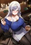  1girl absurdres armpit_crease bag bar_(place) bar_stool bare_shoulders belt_buckle black_bag black_pantyhose blue_eyes blue_sweater blush braid breasts buckle cleavage closed_mouth collarbone commentary_request cup drinking_glass gijang hair_over_breasts hair_over_one_breast hand_up highres holding holding_cup ice ice_cube indoors jewelry korean_commentary large_breasts lenhee_(kaito) long_hair long_sleeves mole mole_under_eye necklace off-shoulder_sweater off_shoulder original pantyhose second-party_source sitting skirt solo stool sweater swept_bangs tearing_up white_hair white_skirt 