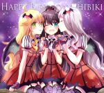  3girls :d :p ;d ahoge ayuko_(ayuco) bat_hair_ornament black_hair blonde_hair blue_eyes brooch character_name closed_mouth commentary_request demon_wings dress fingerless_gloves fingernails ganaha_hibiki garter_straps gloves green_eyes hair_ornament happy_birthday hoshii_miki idolmaster idolmaster_(classic) jewelry kiss kissing_cheek long_hair multiple_girls my_dear_vampire_(idolmaster) nail_polish official_alternate_costume one_eye_closed open_mouth ponytail print_thighhighs project_fairy_(idolmaster) puffy_short_sleeves puffy_sleeves red_dress red_nails shijou_takane short_sleeves smile spider_web_print thighhighs tongue tongue_out white_hair wings 