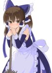  1girl alternate_color alternate_costume apron back_bow bare_shoulders blue_bow blue_dress blush bow brown_eyes brown_hair buttons closed_mouth commentary_request detached_sleeves dress enmaided frills grey_apron grey_bow hair_between_eyes hair_ornament hair_tubes hakurei_reimu hands_up highres maid player_2 ponytail puuakachan short_ponytail simple_background solo standing touhou white_background 