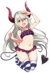  1girl :d absurdres arm_up bikini commentary_request commission demon_girl demon_horns demon_tail emma_august fang frilled_bikini frills green_eyes hair_between_eyes highres horns irodori_drawpic long_hair looking_at_viewer navel nijisanji open_mouth pointy_ears red_horns simple_background skeb_commission skin_fang smile solo striped_clothes striped_thighhighs swimsuit tail thighhighs virtual_youtuber white_background 