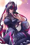  1girl ahoge armlet bare_shoulders blush bodysuit breasts cleavage cloud cloudy_sky colored_skin commentary covered_collarbone covered_navel diving_suit dragon_girl dragon_horns dragon_tail finger_claws fromabisu hair_between_eyes hair_intakes high_ponytail highres horns huge_ahoge jewelry long_hair long_horns looking_at_viewer multicolored_eyes multicolored_hair multicolored_skin neverness_to_everness official_alternate_costume official_alternate_hairstyle open_mouth pink_background pink_sky ponytail purple_hair red_eyes see-through_clothes shade shinku_(dawn_patrol)_(nte) shinku_(nte) sitting sky sleeveless solo streaked_hair suit swimsuit tail thick_tail thick_thighs thighs two-tone_hair two-tone_skin upper_body wavy_hair wetsuit 