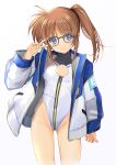  1girl absurdres alice_gear_aegis ass_visible_through_thighs bespectacled breasts brown_hair circle_cutout cleavage_cutout clothing_cutout commentary_request companion/af covered_collarbone front_zipper full-length_zipper glasses high_side_ponytail highleg highleg_leotard highres jacket leotard lyrical_nanoha mahou_shoujo_lyrical_nanoha_exceeds:_gun_blaze_vengeance multicolored_jacket multicolored_leotard purple_eyes race_queen side_ponytail simple_background small_breasts smile solo takamachi_nanoha turtleneck turtleneck_leotard two-tone_jacket two-tone_leotard v v_over_eye white_background white_jacket white_leotard yashin_(yasinz) zipper zipper_leotard zipper_pull_tab 
