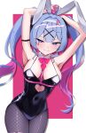  1girl absurdres ahoge alternate_breast_size_(larger) animal_ears aqua_eyes aqua_hair armpits arms_up black_leotard blush bow breasts card cleavage closed_mouth collarbone commentary_request cuffs fake_animal_ears fishnet_pantyhose fishnets hair_between_eyes hair_ornament handcuffs hatsune_miku highres large_breasts leotard long_hair looking_at_viewer misofu_illust pantyhose playboy_bunny rabbit_ears rabbit_hole_(vocaloid) rabbit_tail red_bow red_nails red_ribbon ribbon smile solo tail very_long_hair vocaloid wrist_ribbon 