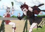  2girls absurdres black_boots black_coat black_nails black_shirt black_skirt boots coat commentary_request genderswap genderswap_(mtf) gold_ship_(red_strife)_(umamusume) gold_ship_(umamusume) grey_hair highres holostars holostars_english horse_girl jurard_t_rexford multiple_girls nagan4g4 red_eyes red_hair running sharp_teeth shirt skirt sunglasses teeth umamusume virtual_youtuber 