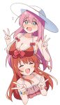  2girls bare_shoulders bikini blue_eyes blush bocchi_the_rock! bow breasts closed_eyes commentary_request frilled_bikini frills gotoh_hitori haru_(konomi_150) hat highres kita_ikuyo large_breasts long_hair looking_at_another multiple_girls pink_hair red_bikini red_bow red_hair sun_hat swimsuit v white_background 