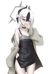  1girl absurdres black_choker black_dress black_hair black_horns black_nails blue_archive brown_jacket choker collarbone commentary_request covered_navel cowboy_shot demon_horns dress ear_piercing earrings furrowed_brow hair_between_eyes halo highres horns jacket jewelry kayoko_(blue_archive) kayoko_(dress)_(blue_archive) long_hair long_sleeves looking_at_viewer mole mole_on_collarbone multicolored_hair open_mouth piercing red_eyes simple_background solo standing sych1590 two-tone_hair white_background white_hair 