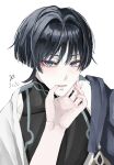  1boy 2026 bishounen black_bodysuit black_hair blunt_ends bodysuit cape commentary_request covered_collarbone eyelashes eyeliner female_pov fingernails genshin_impact gold grey_cape hair_intakes hand_on_another's_face highres japanese_clothes jazz_(texf3555) kimono looking_at_viewer lower_teeth_only makeup male_focus open_clothes open_kimono open_mouth pale_skin portrait pov pov_hands purple_eyes red_eyeliner scaramouche_(genshin_impact) shoulder_peek side_cape solo teeth thumb_to_mouth turtleneck turtleneck_bodysuit wanderer_(genshin_impact) white_background white_kimono wispy_bangs 