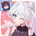  2girls animal_ears black_choker blowing_kiss blue_eyes blush cho_kaguya-hime! choker closed_mouth colored_inner_hair commentary_request eine_works fox_ears fox_girl hair_bun heart highres long_hair looking_at_viewer multicolored_hair multiple_girls one_eye_closed outline purple_eyes purple_hair runami_yachiyo runami_yachiyo_(ex-otogibanashi) sakayori_iroha sakayori_iroha_(tsukuyomi) side_ponytail single_side_bun white_hair white_outline 