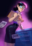  1girl artist_name ass belt black-framed_eyewear black_background black_hair black_skirt bluesky_username breasts breasts_out carrd_username closed_mouth collared_shirt commentary english_commentary folder from_side glasses hair_bun hentai_foundry_username highres holding holding_folder light_blush linea_alba medium_breasts miss_pauling narrow_waist newgrounds_username no_bra open_clothes open_shirt pantyhose paper patreon_username pixiv_username playzholder purple_background purple_shirt red-framed_eyewear shirt short_sleeves single_hair_bun skirt solo standing team_fortress_2 tumblr_username two-tone_eyewear 