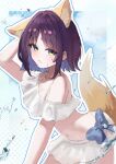  1girl absurdres animal_ears bikini blue_bow bow breasts cho_kaguya-hime! cleavage commentary_request eine_works forehead_jewel fox_ears fox_girl fox_tail green_eyes highres medium_hair navel open_mouth outline purple_hair sakayori_iroha sakayori_iroha_(tsukuyomi) solo stomach swimsuit tail wet white_bikini white_outline 