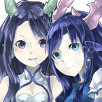  bare_shoulders black_hair blue_dress blue_eyes blue_hair blush breasts china_dress chinese_clothes cleavage cleavage_cutout dragon_girl dragon_horns dress dual_persona empty_eyes hair_ornament head_fins horns karin_(p&amp;d) long_hair mosamune multiple_girls purple_eyes puzzle_&amp;_dragons short_sleeves simple_background sleeveless sleeveless_dress small_breasts smile teeth upper_body white_background white_dress 